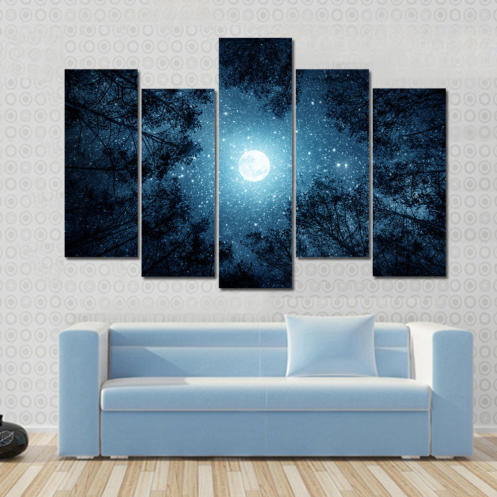 Milky Way And Moon From Forest Trees Canvas Wall Art