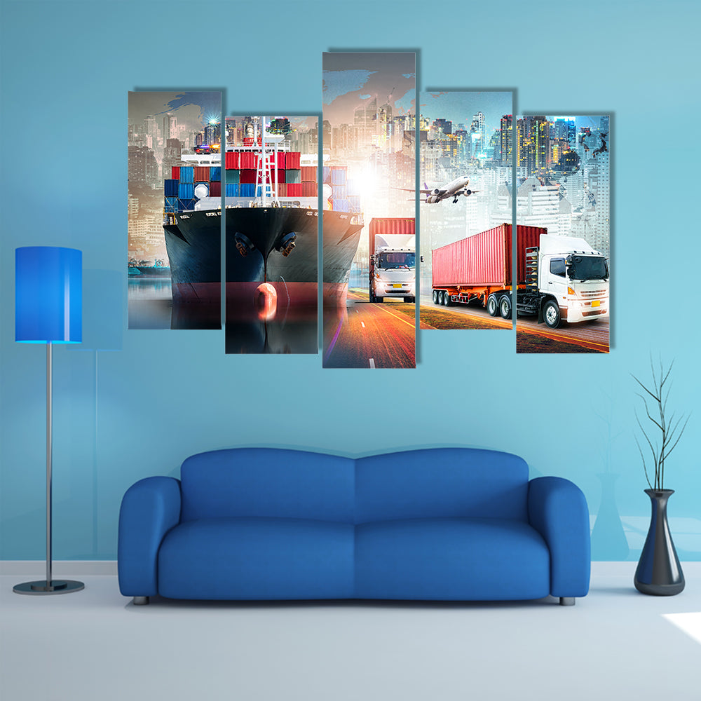 Global Logistics Collage with Cargo Ship and Containers Canvas Wall Art