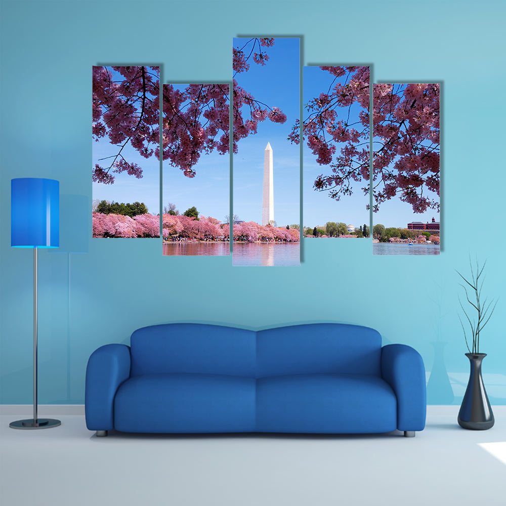 Cherry Blossom And Washington Monument Over Lake Canvas Wall Art