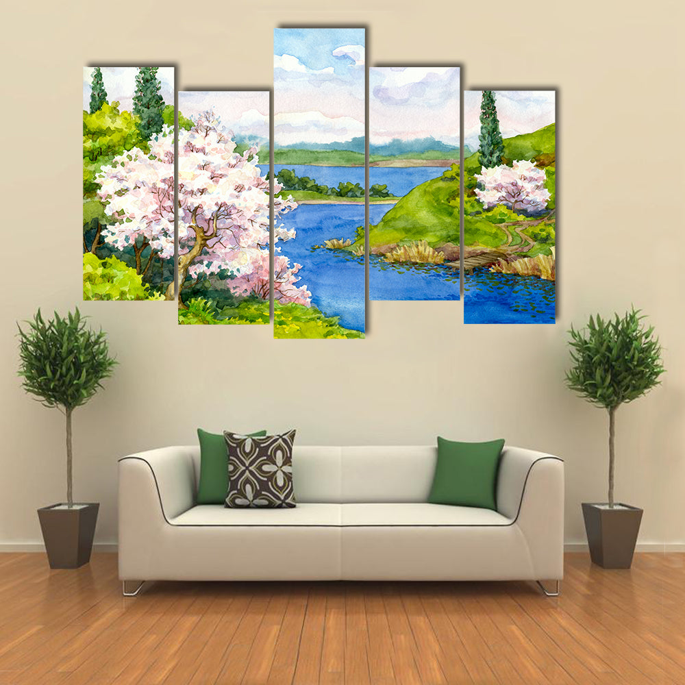 Spring Cherry Blossom Lake Landscape Canvas Wall Art in green, blue and pink, framed canvas, product view on a white background