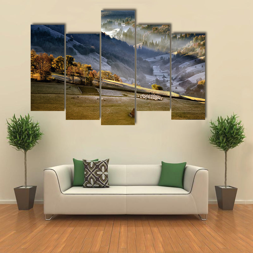 Shepherd With Sheep Heard In The Mountains Of Romania Canvas Wall Art