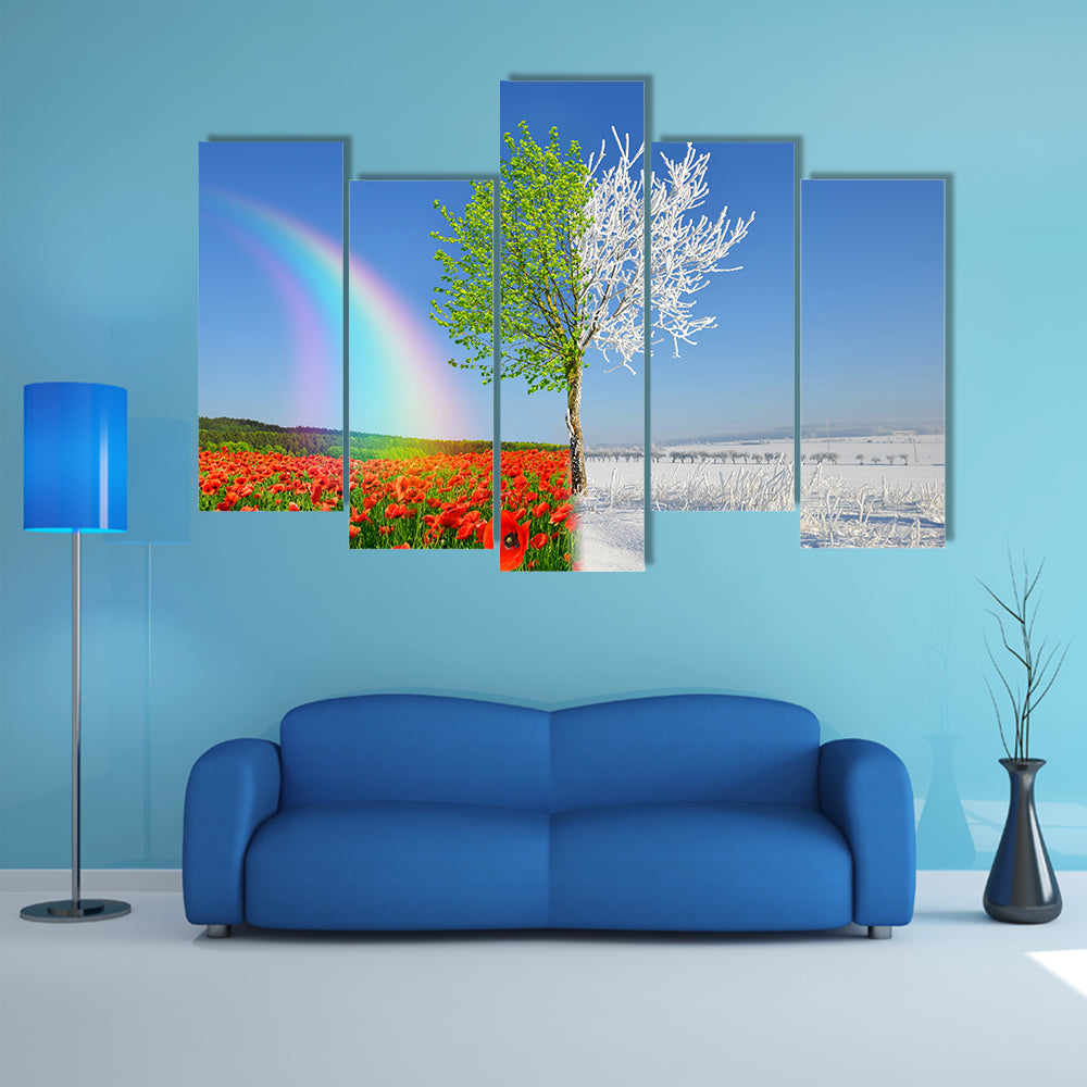 Split-season Tree with Poppies and Snow Canvas Wall Art