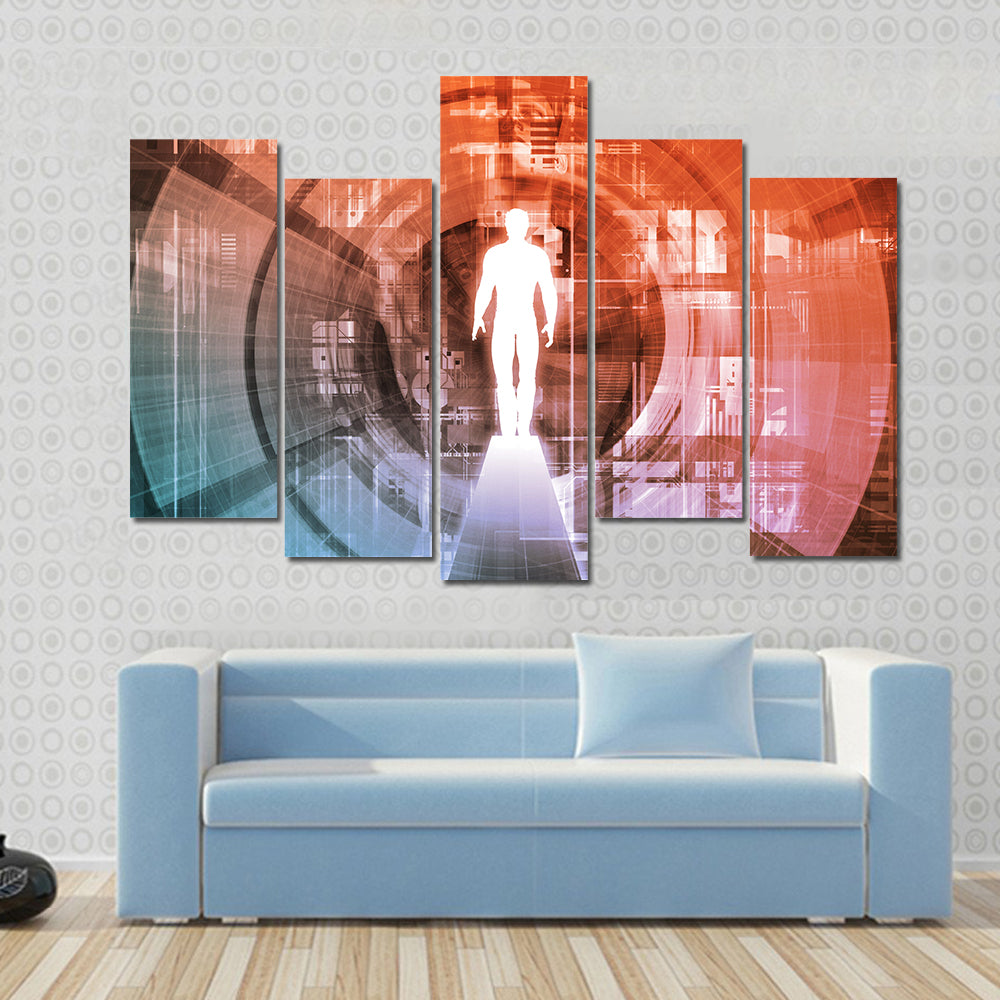Technology Gateway with Glowing White Figure Canvas Wall Art in white, orange and blue, framed print, product view on a white background