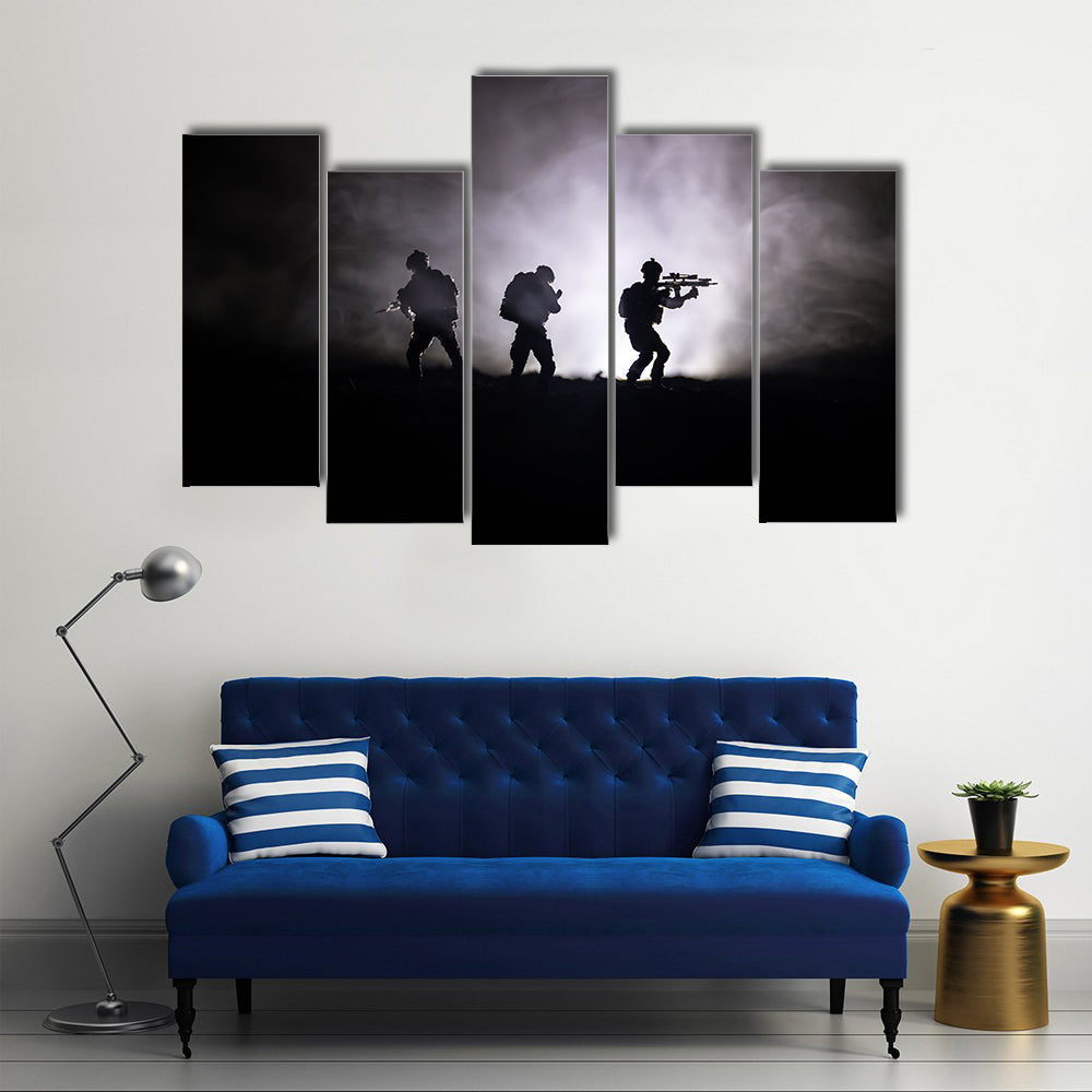 Military Soldier Silhouette With Gun Canvas Wall Art