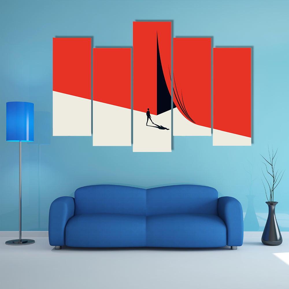 Man Walking Across Red Minimalist Landscape Canvas Wall Art