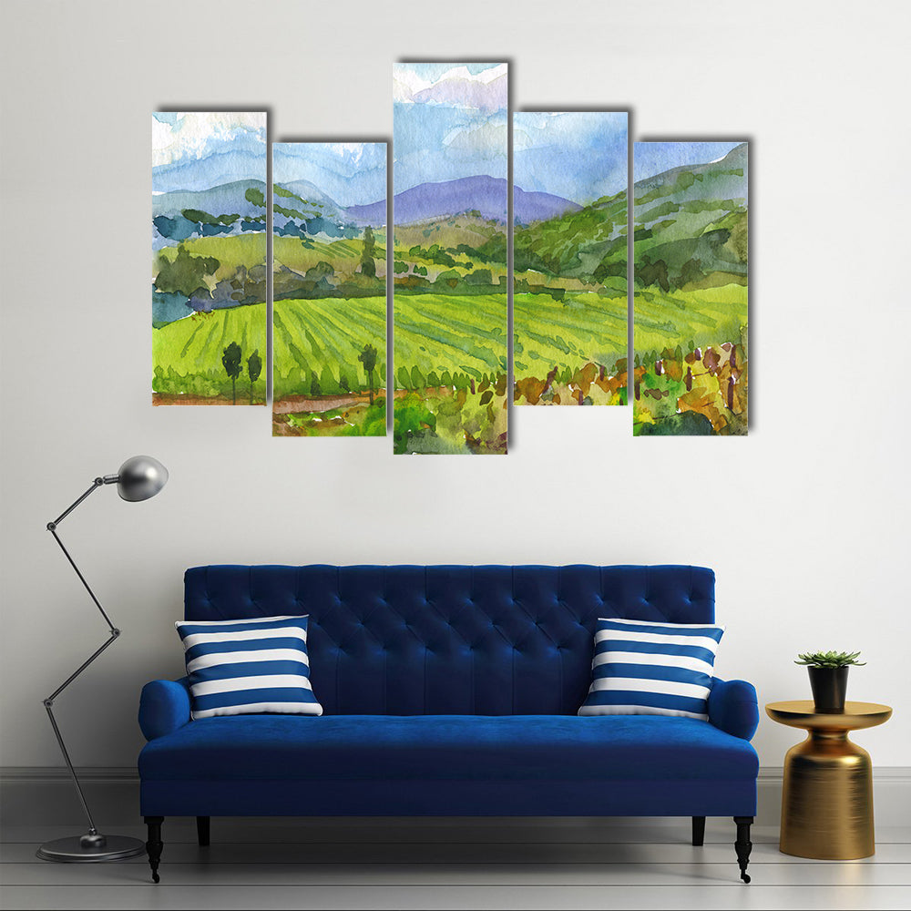 Watercolor Vineyard Landscape Canvas Wall Art