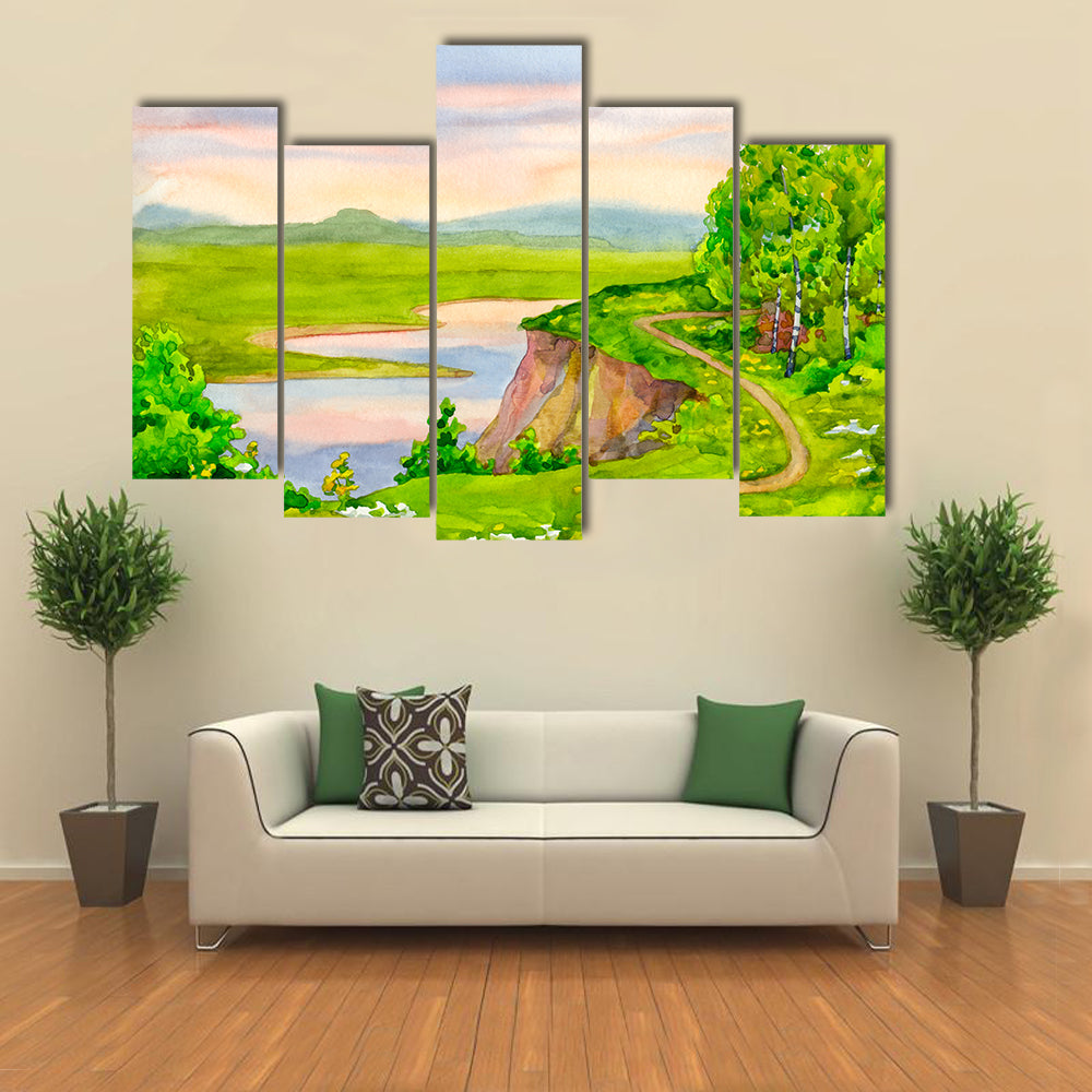 Watercolor Spring Landscape Canvas Wall Art in green, blue and pink, 5 panel Pop layout hung on a wall