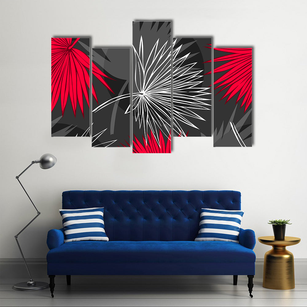 Red and Gray Palm Leaf Pattern Canvas Wall Art