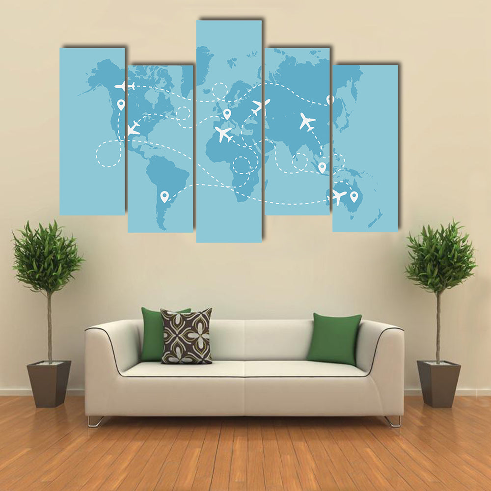 Airplane Travel Route On World Map Canvas Wall Art