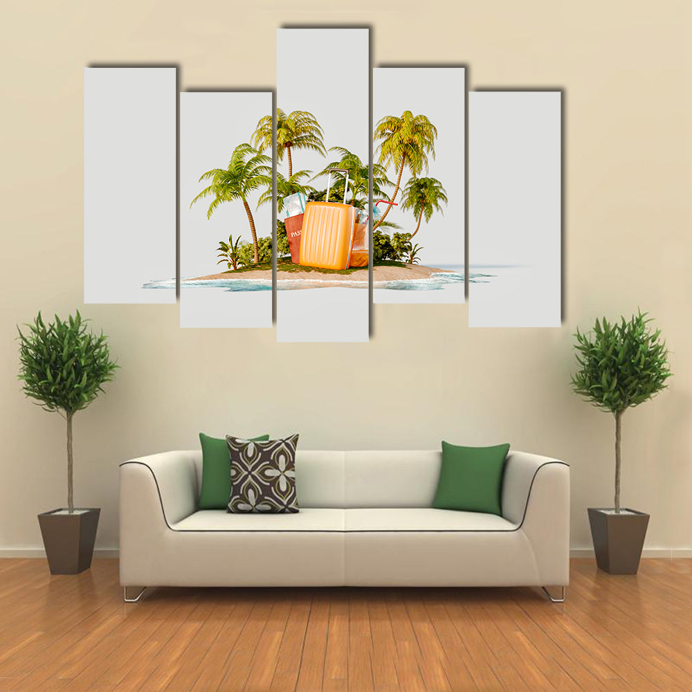 Tropical Island with Bright Orange Suitcase Canvas Wall Art