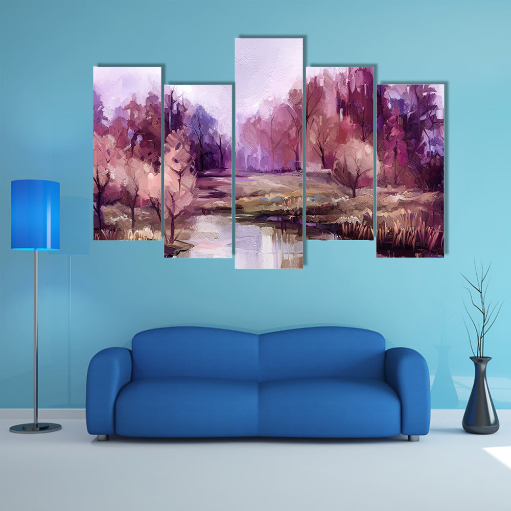 Autumn Forest Lake in Lavender Hues Canvas Wall Art