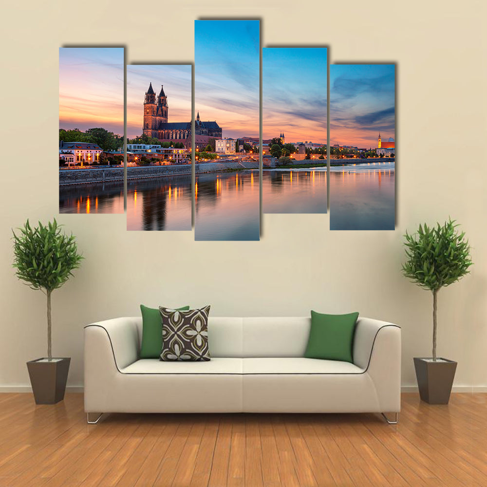 Magdeburg City And Elbe River At Sunset In Germany Canvas Wall Art