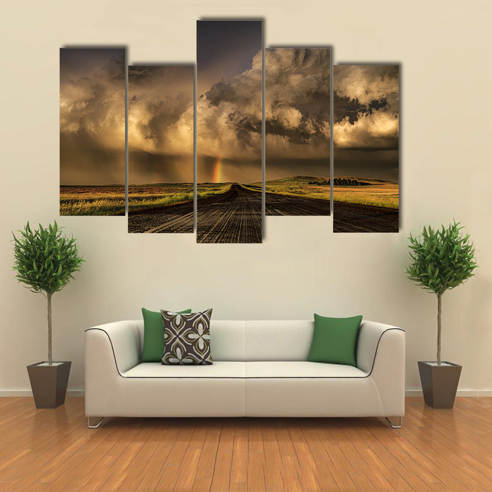 Travel Through South Dakota Border  Near Lemmon Town Canvas Wall Art in black, gray and orange, 5 panel Pop layout hung on a wall