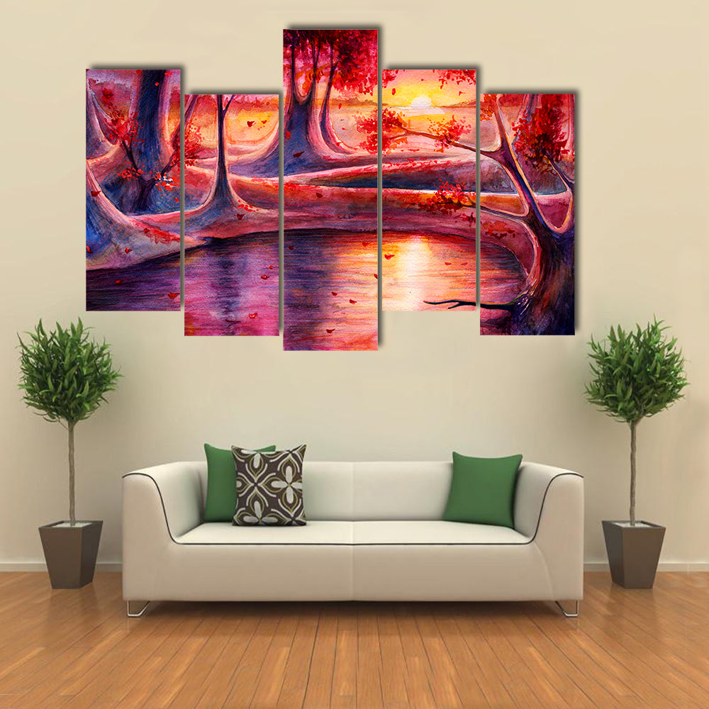 Autumn Lake Forest Watercolor Canvas Wall Art