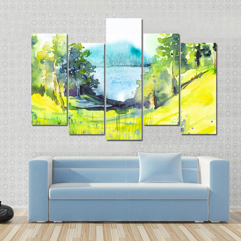 Watercolor Forest By Lake Canvas Wall Art