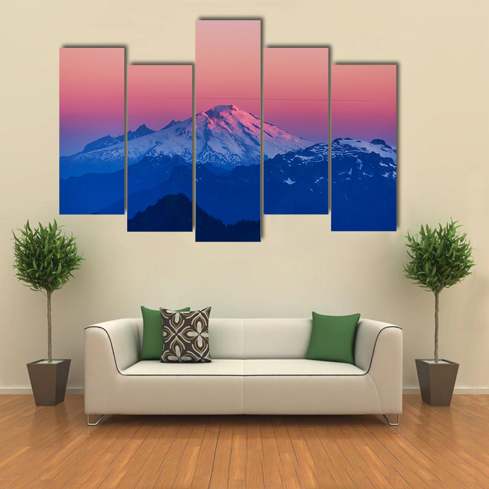Mountain Peak In North Cascade Range Washington Canvas Wall Art in black, white and pink, 5 panel Pop layout hung on a wall