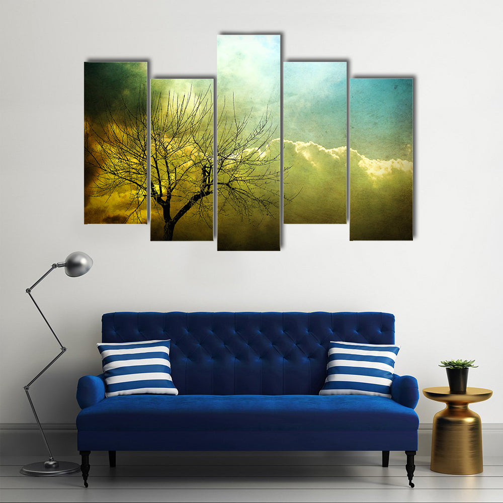 Grunge Leafless Tree with Backlit Clouds Canvas Wall Art