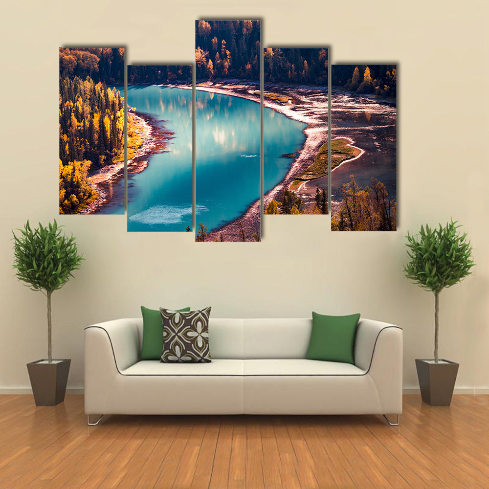 Xinjiang Kanas River In China Canvas Wall Art in green, turquoise and blue, 5 panel Pop layout hung on a wall