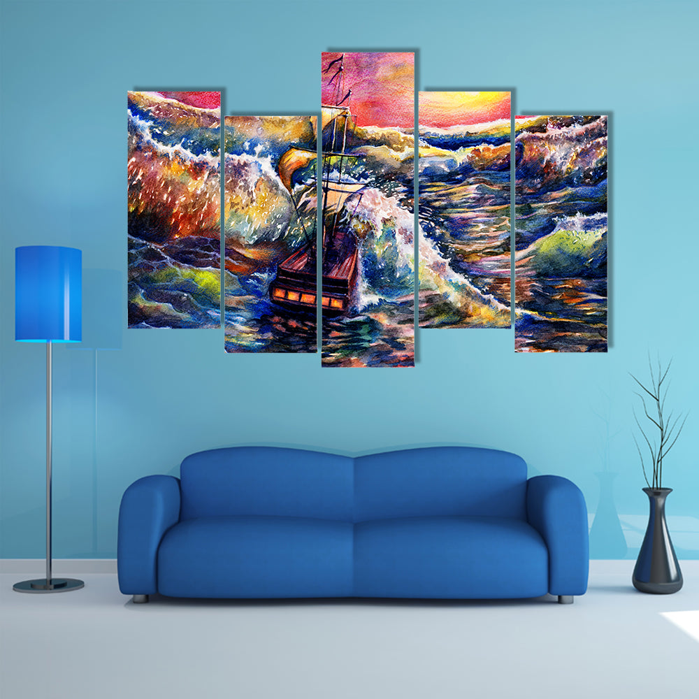 Sunset Sailing Ship in Stormy Sea Canvas Wall Art