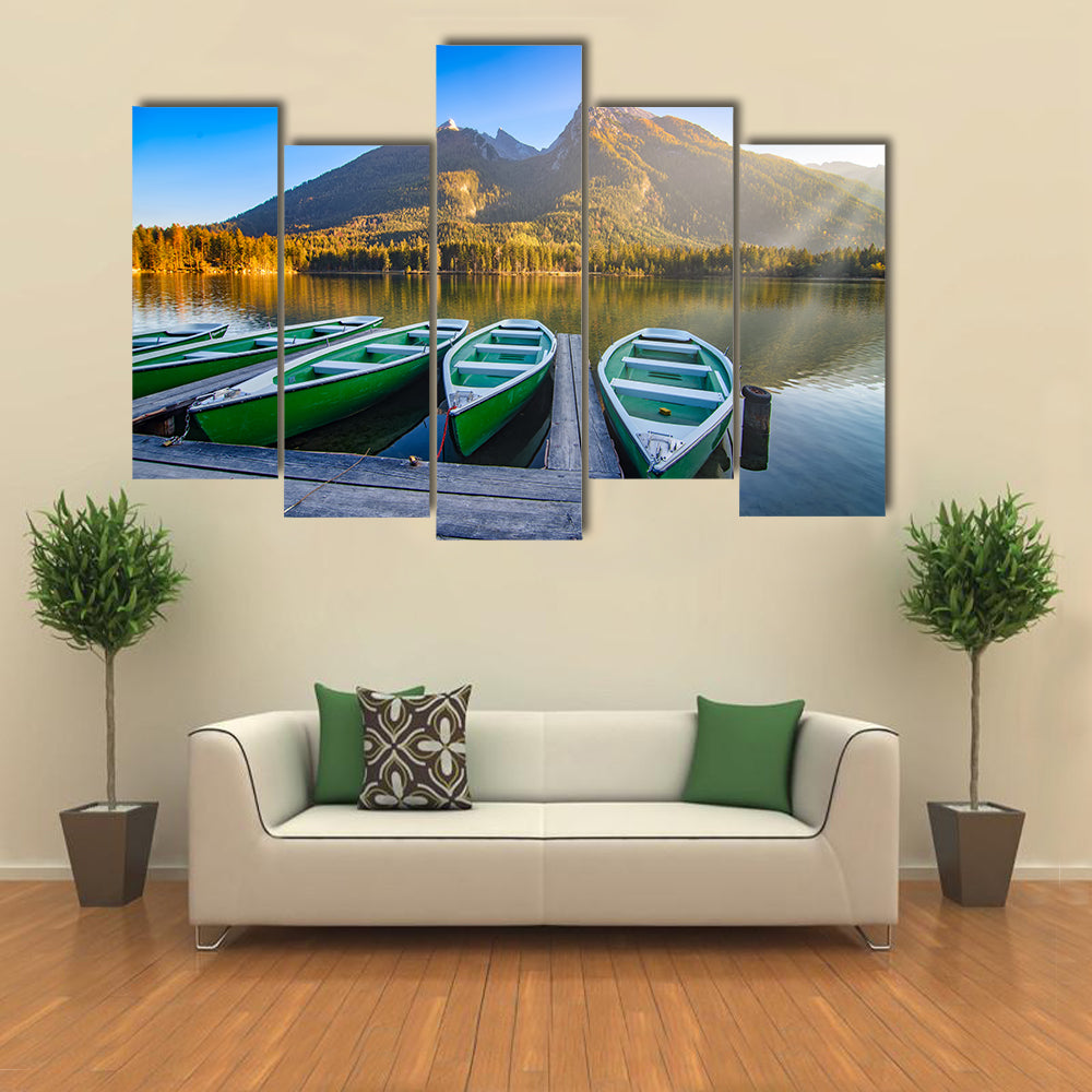 Green Rowboats on Mountain Lake Canvas Wall Art