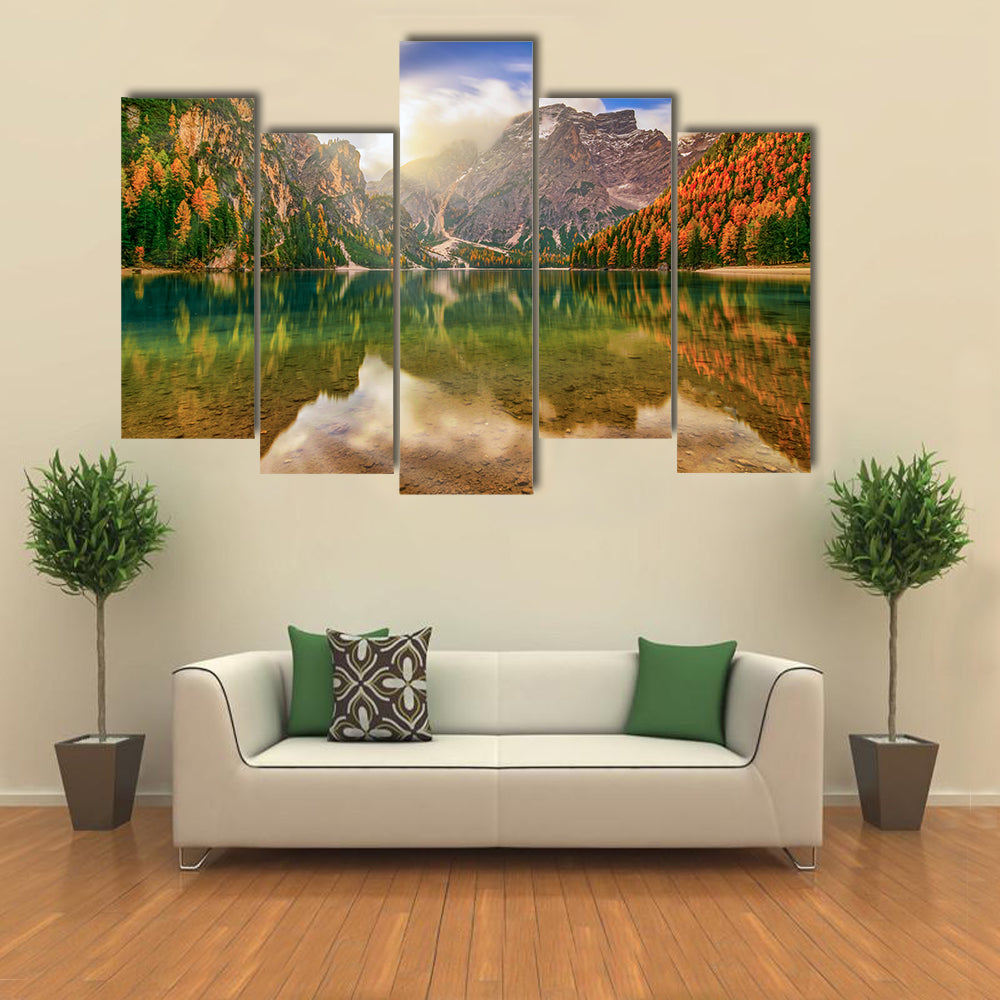 Autumn Reflection at Braies Lake Canvas Wall Art
