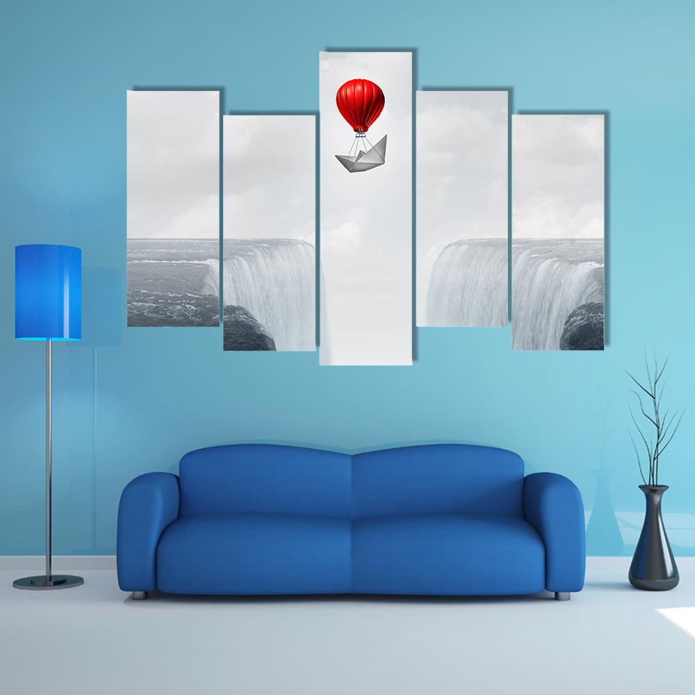 Red Balloon and Paper Boat Above Twin Waterfalls Canvas Wall Art