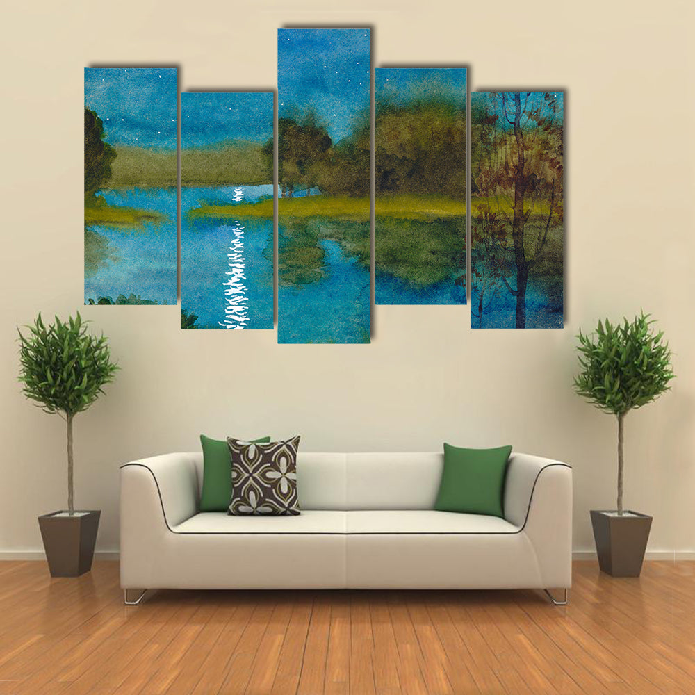 Moonlit River Watercolor Landscape Canvas Wall Art