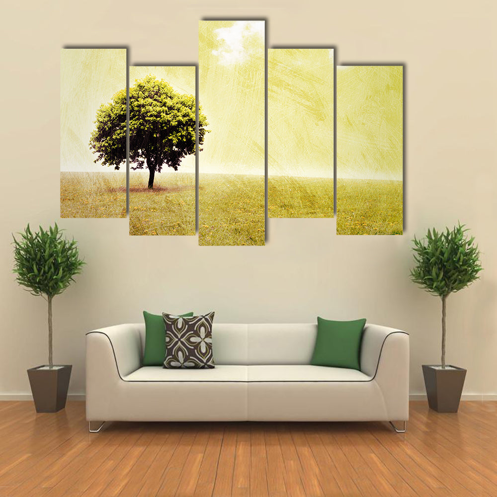 Lone Tree in Yellow Meadow Canvas Wall Art