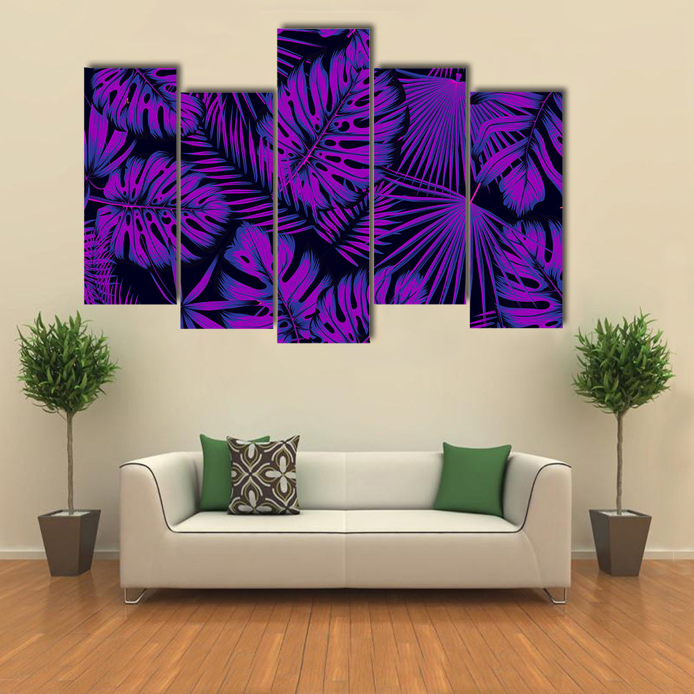 Neon-edged Tropical Leaves Pattern Canvas Wall Art
