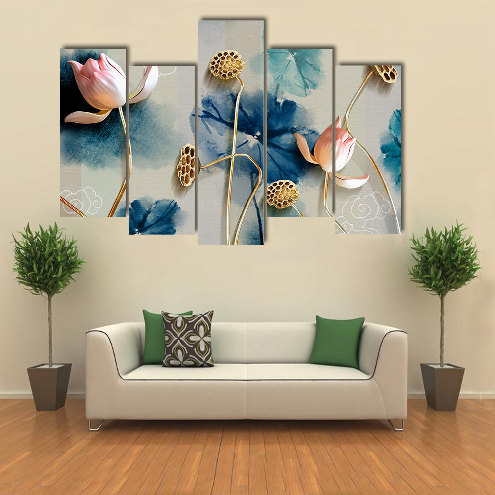 Lotus Garden Illustration with Gold Accents Canvas Wall Art