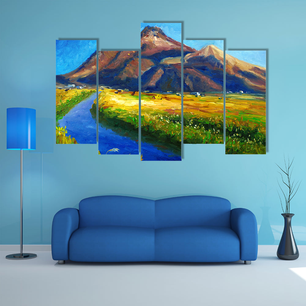 Jagged Mountain with Winding River Canvas Wall Art