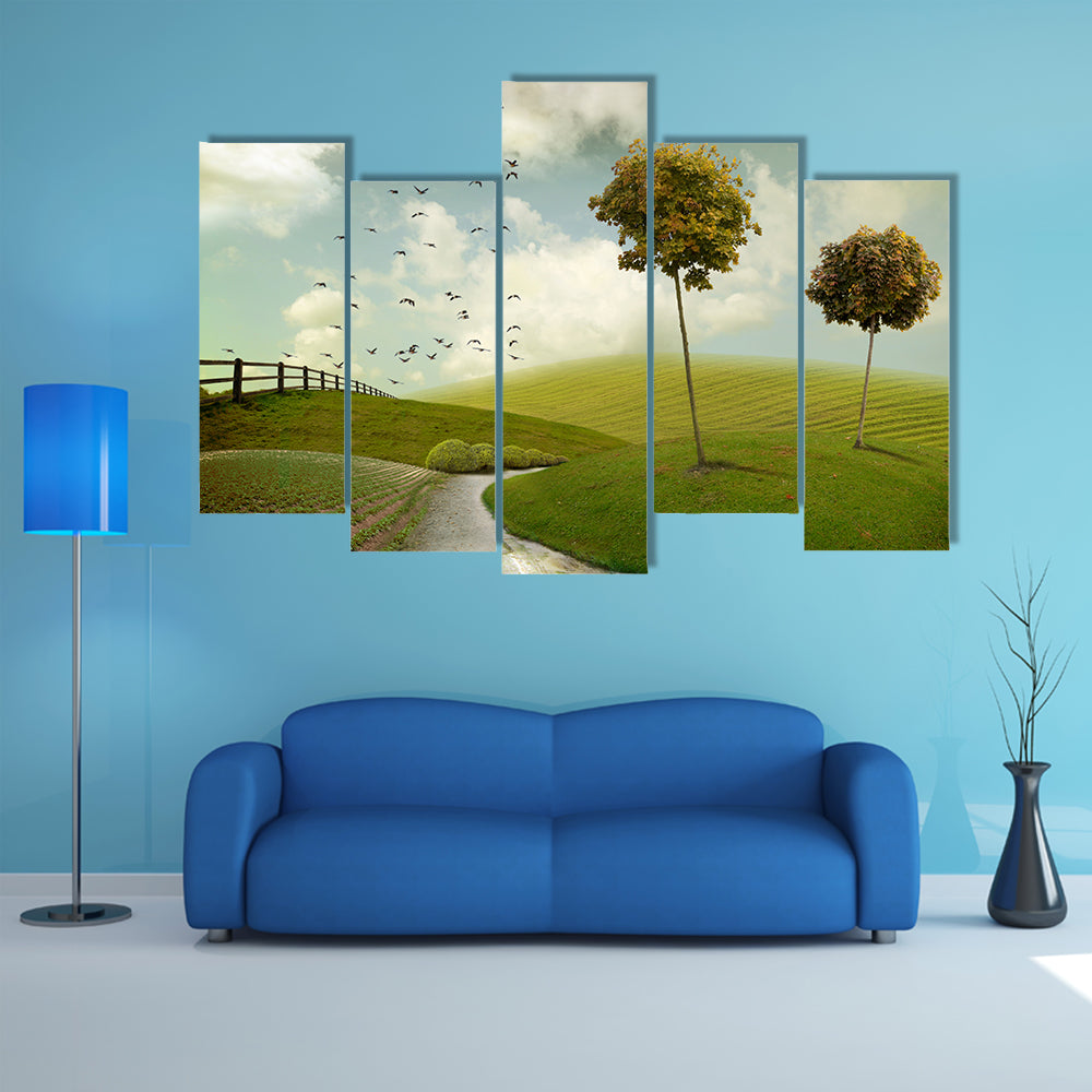 Winding Path Through Surreal Green Hills Canvas Wall Art