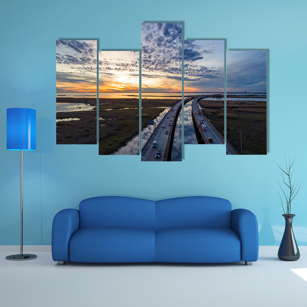 Sunset Over Highway Bridge Canvas Wall Art