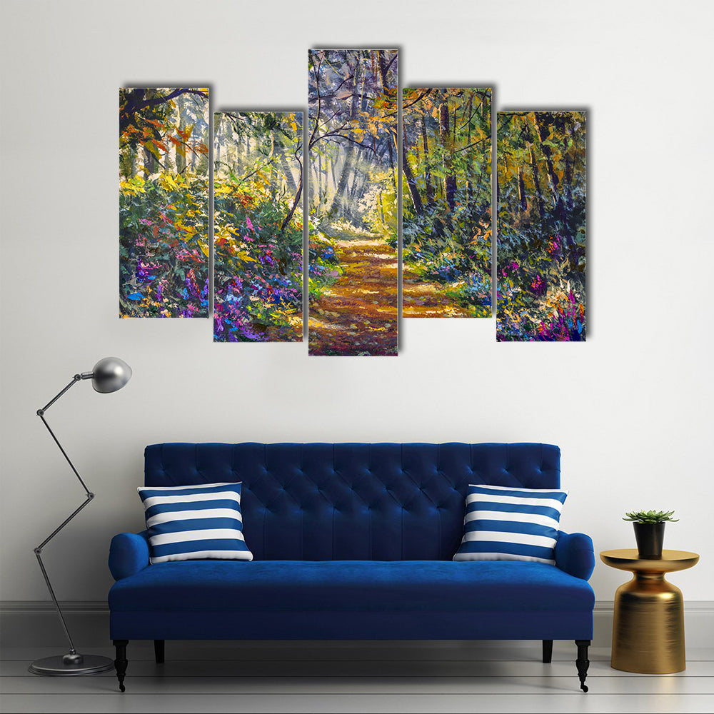 Sunlit Forest Path with Wildflowers Canvas Wall Art