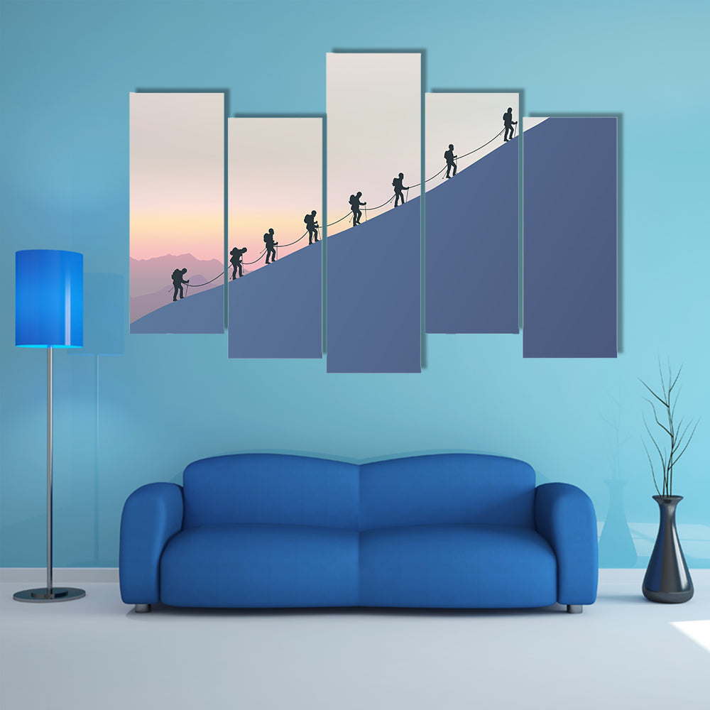 Roped Mountaineers on Slanted Blue Slope Canvas Wall Art