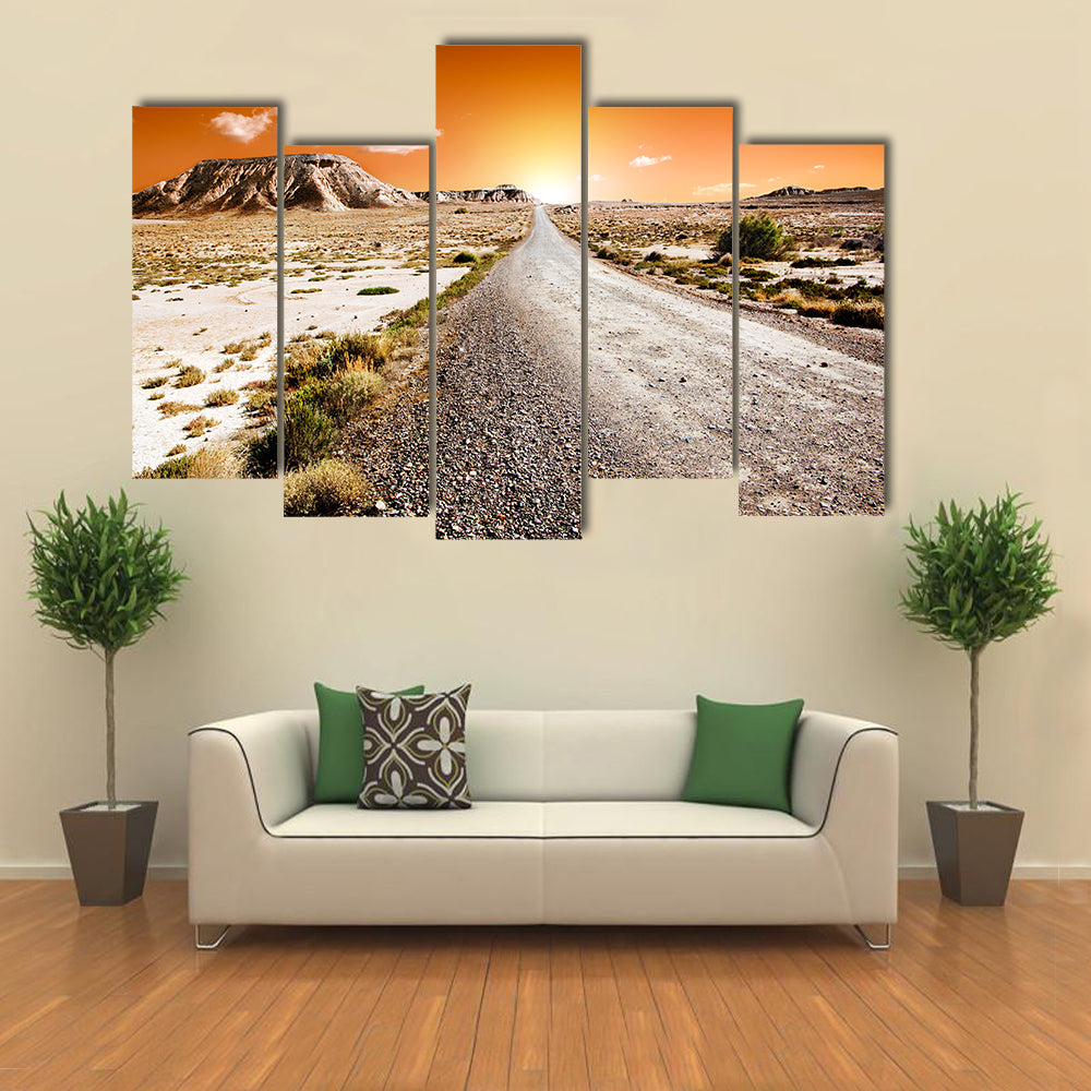 Sunset Desert Landscape With Road Canvas Wall Art