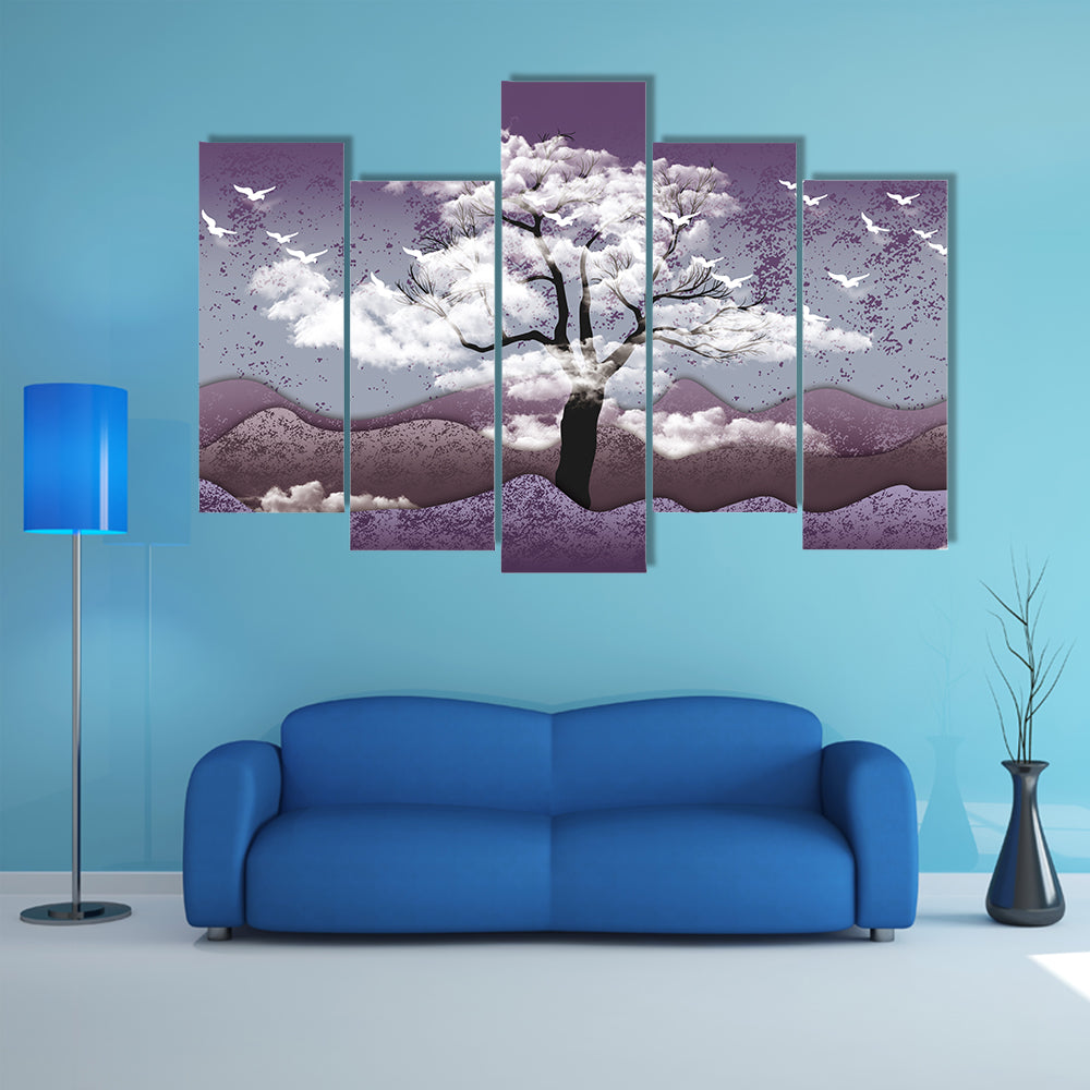 Cloud-leaf Tree Over Misty Lavender Hills Canvas Wall Art