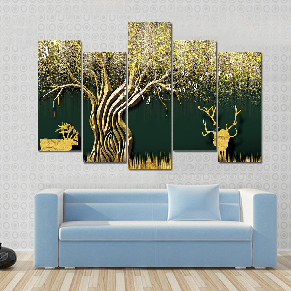 Abstract Golden Tree and Deer Silhouettes Canvas Wall Art