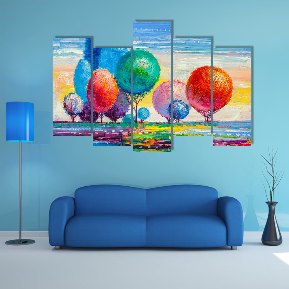 Colorful Autumn Meadow with Stylized Trees Canvas Wall Art