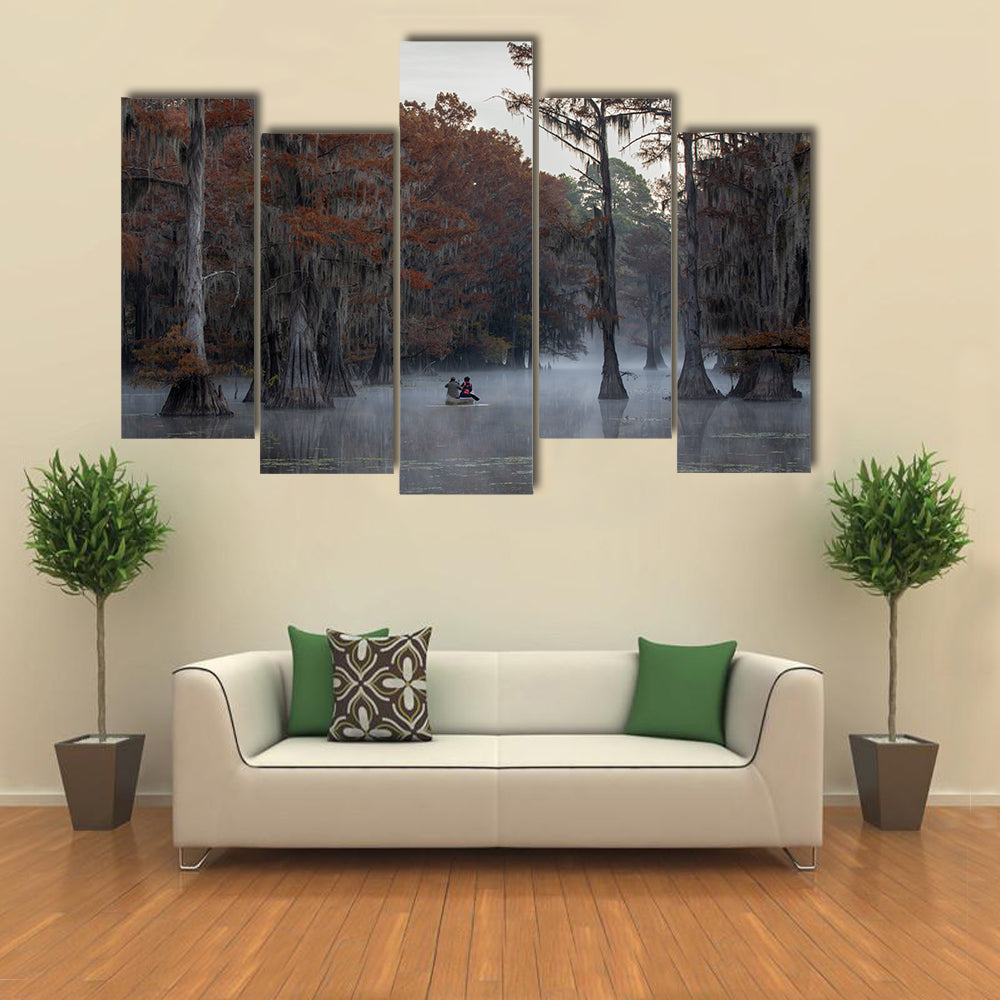 Couple Canoing At Caddo Lake In Texas Louisiana Canvas Wall Art