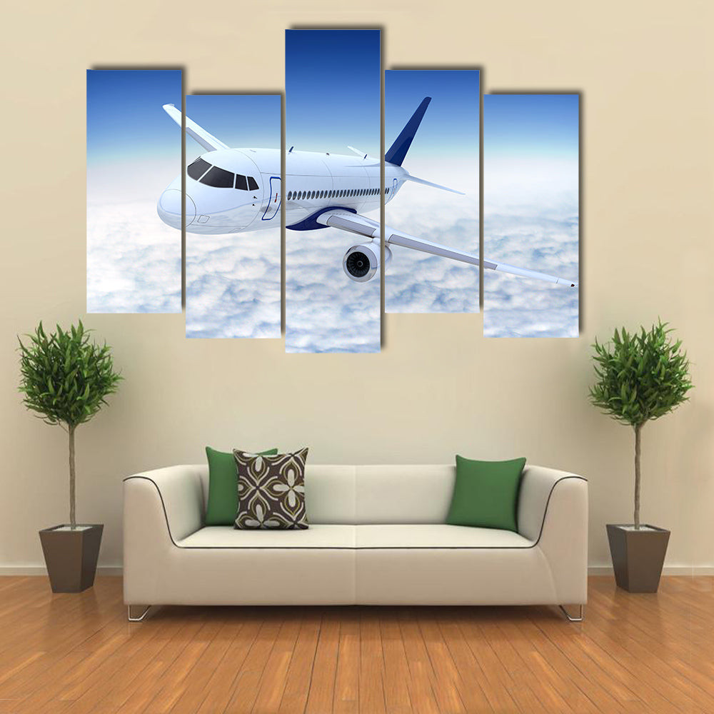 White Jet Banking Above Cumulus Clouds Canvas Wall Art