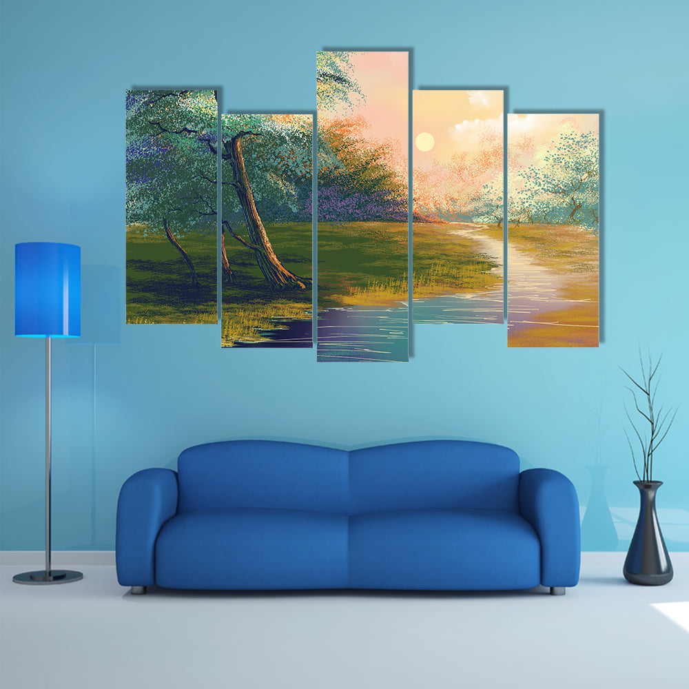 River In Spring Forest Sunset Canvas Wall Art