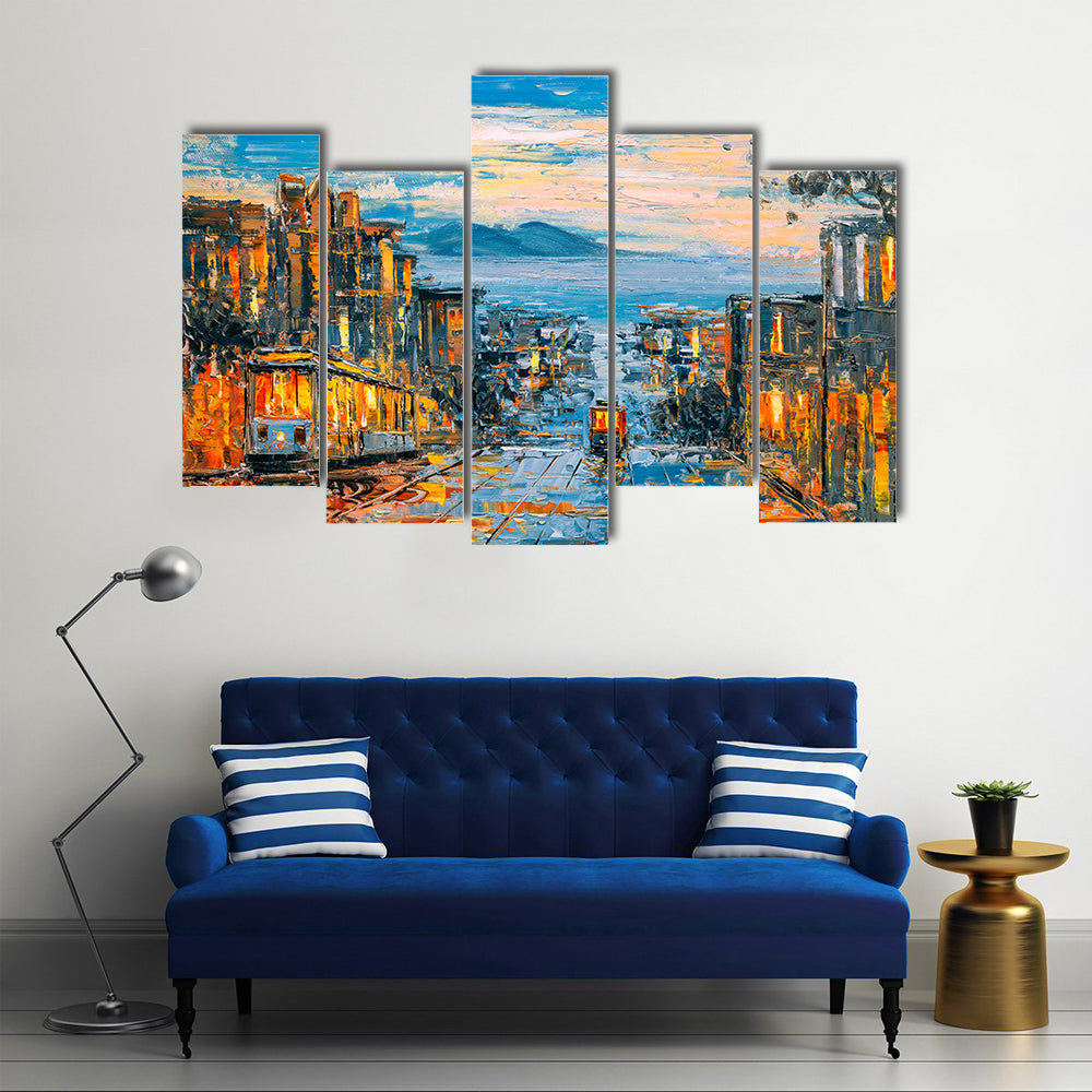 San Francisco Cable Cars on Rain-soaked Street Canvas Wall Art
