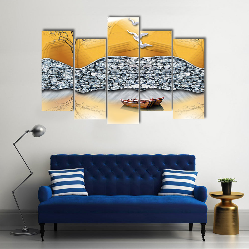 3d Lake Illustration with Boat Canvas Wall Art