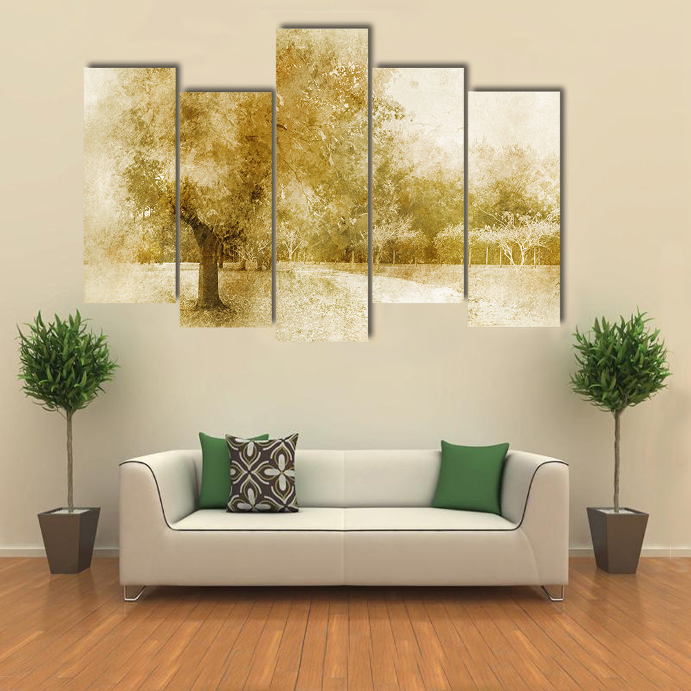Sepia Autumn Park with Lone Tree Canvas Wall Art