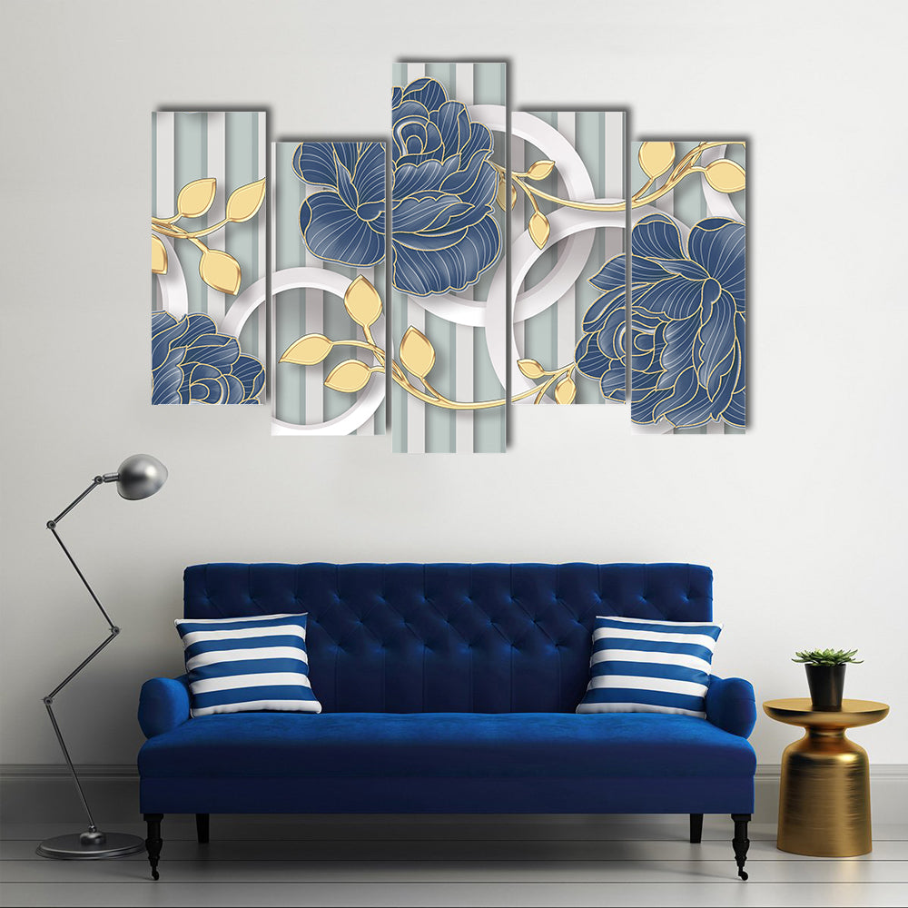 Abstract Blue Roses with Gold Leaves and Rings Canvas Wall Art