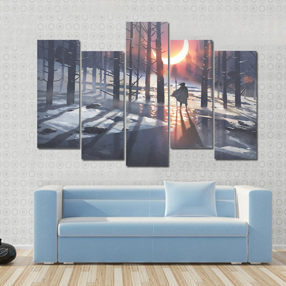Cloaked Figure in Winter Forest Canvas Wall Art