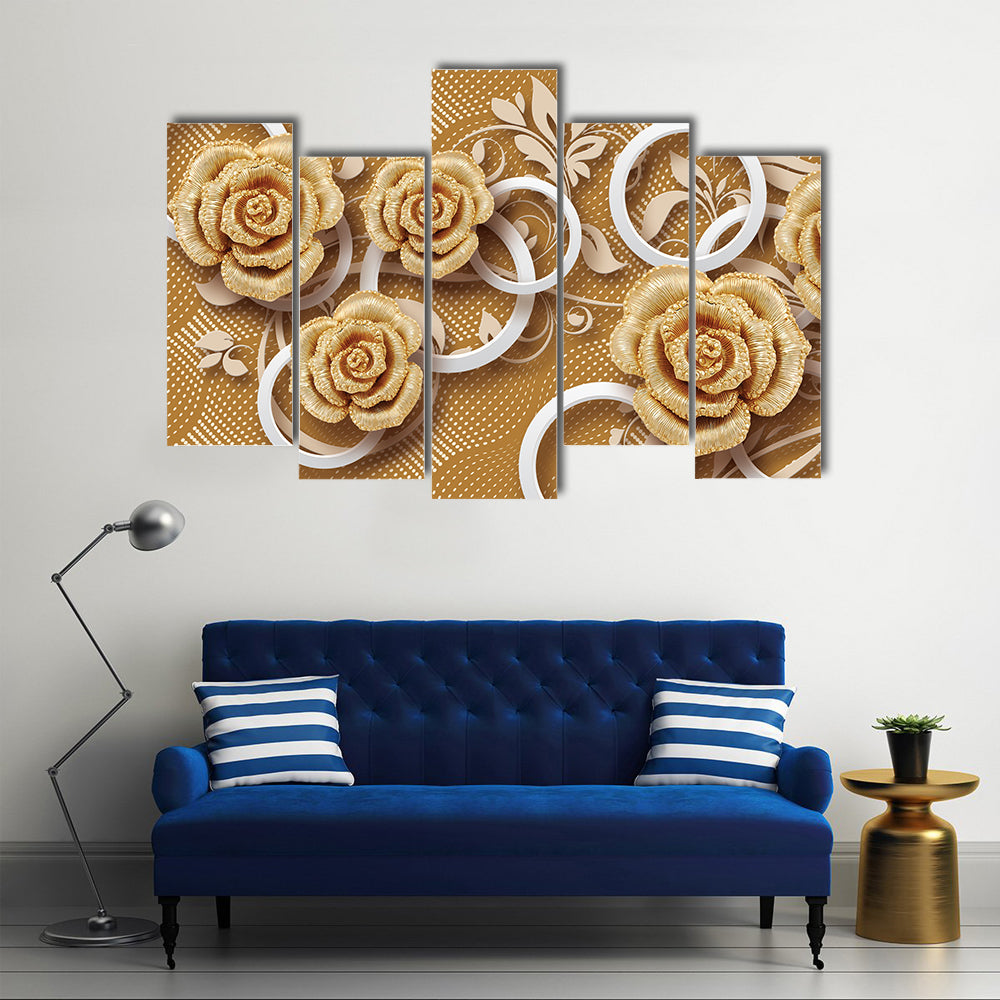 3d Golden Rose Flower Canvas Wall Art