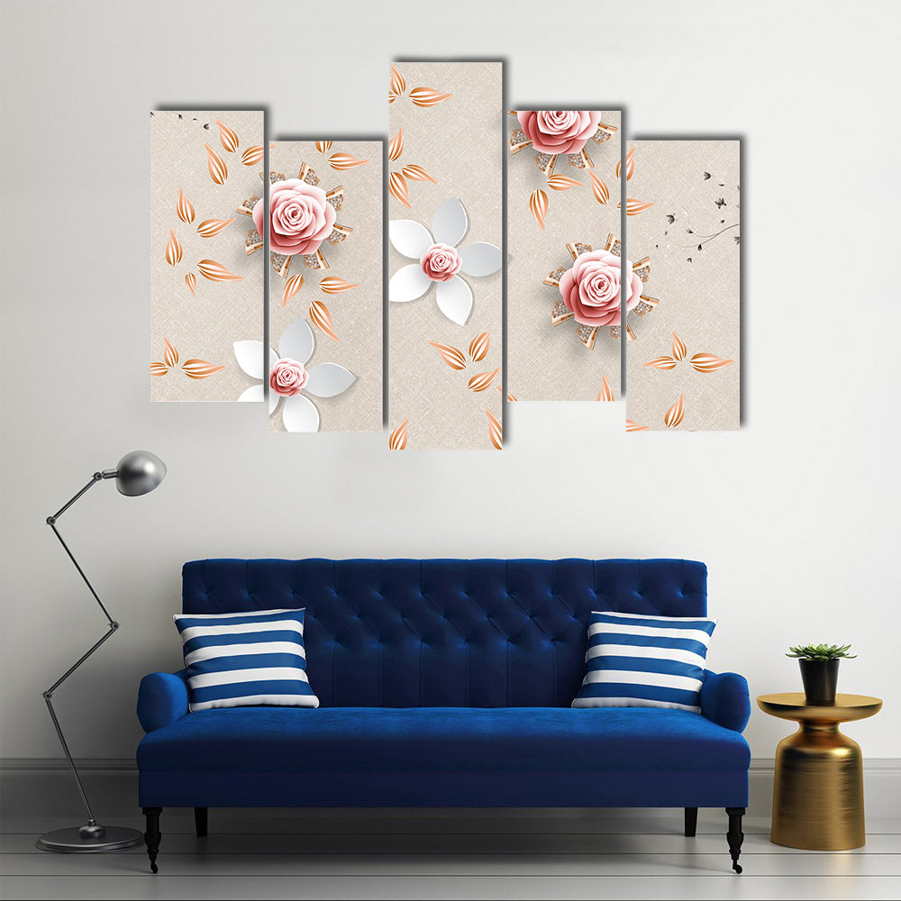 3d Stylized Pink Roses and White Flowers Canvas Wall Art