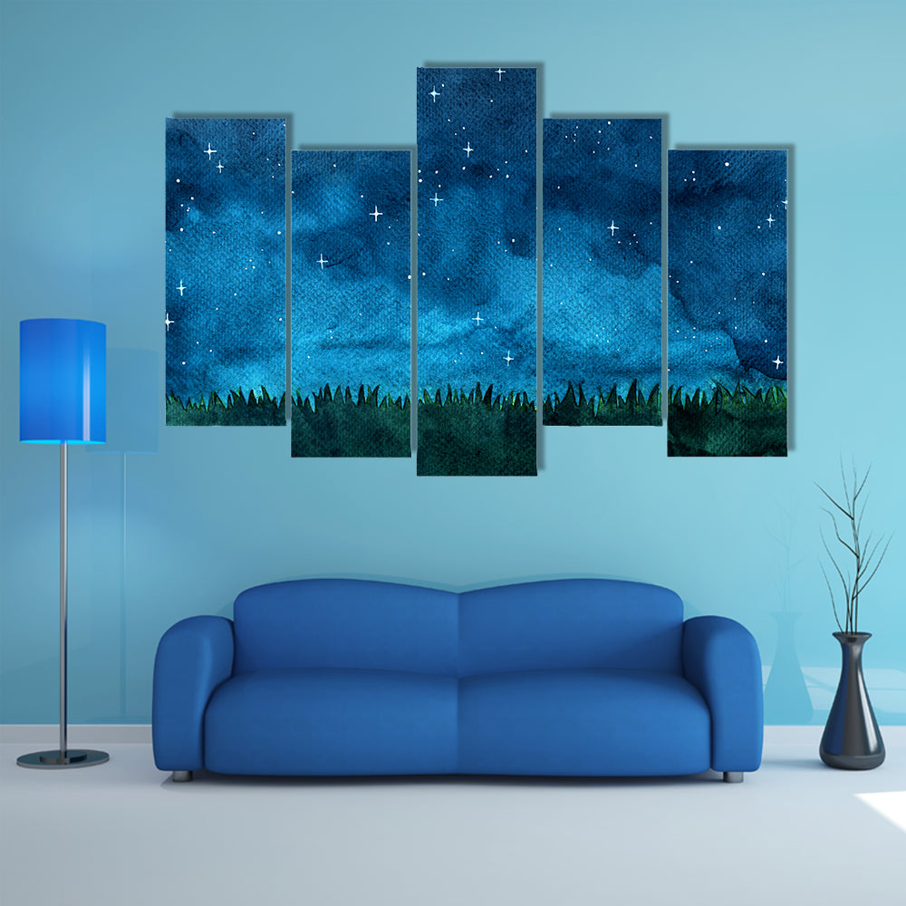 Grass Meadow With Night Sky Canvas Wall Art